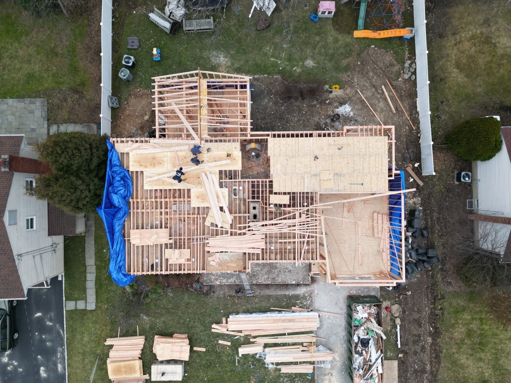 Overhead view of framing and decking on the Springfield project