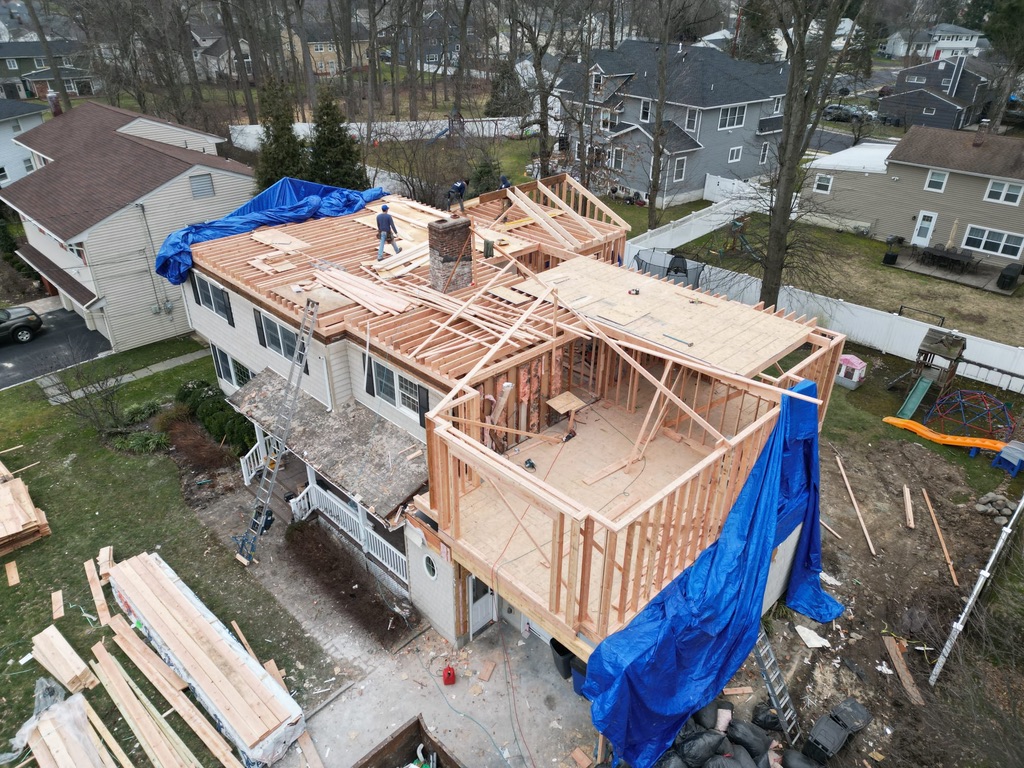 Framing during Hudson’s full gut renovation, addition and extension in Springfield, NJ